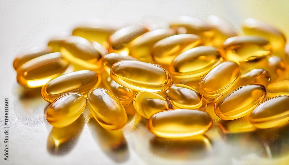 Close-up of golden-hued softgel capsules. Close-up of golden-hued softgel capsules.