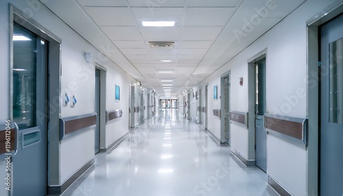 Empty hospital corridor with closed doors  sterile and bright.
