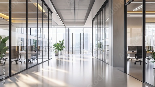 Modern Office Interior with Bright Light and Blurred Background