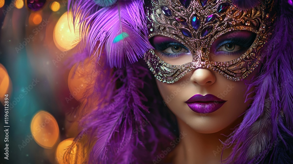 A vibrant masked figure with purple feathers and striking makeup, capturing a festive and mysterious atmosphere. A vibrant masked figure with purple feathers and striking makeup, capturing a festive and mysterious atmosphere.