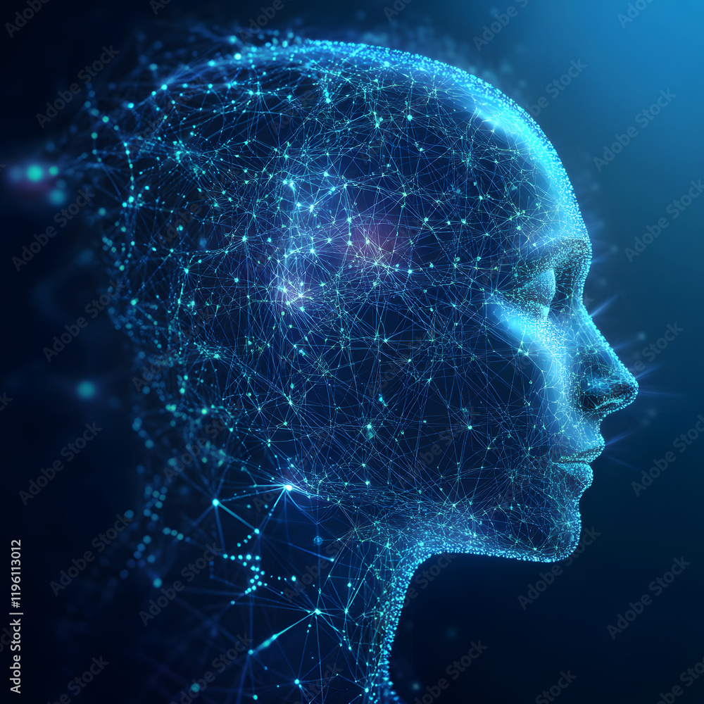Abstract illustration of AI visualization. dark blue background. a face consisting of glowing digital lines and dots. artificial intelligence. technology and data network. futuristic atmosphere Abstract illustration of AI visualization. dark blue background. a face consisting of glowing digital lines and dots. artificial intelligence. technology and data network. futuristic atmosphere