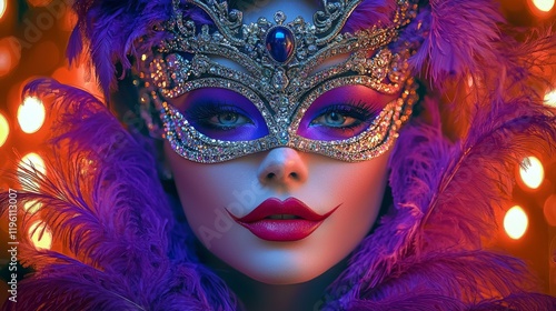 Wallpaper Mural A glamorous figure wearing an ornate mask adorned with feathers and jewels, illuminated by warm lights, exuding a mysterious and festive vibe. Torontodigital.ca