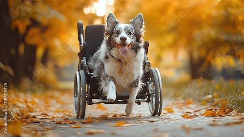 Walking in Autumn Park with a Happy Dog on a Wheelchair Cart 