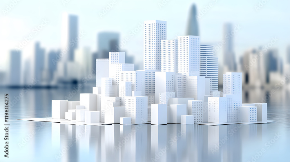 A sleek, minimalist architectural model of a city skyline, showcasing a cluster of white buildings against a blurred urban backdrop A sleek, minimalist architectural model of a city skyline, showcasing a cluster of white buildings against a blurred urban backdrop