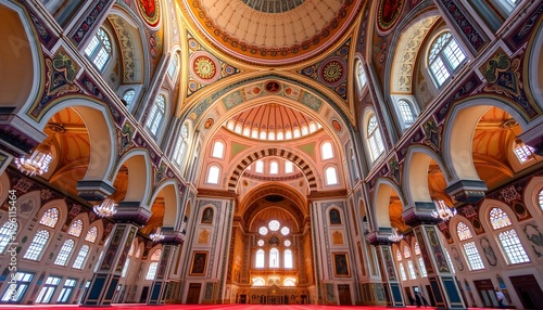 Elegant mosque interior with intricate Islamic patterns  grand arches  and serene ambiance  embodying spiritual beauty and architectural excellence.  
