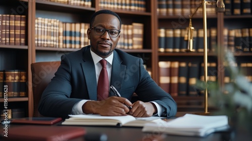 Educational lawyer, African-American attorney consulting on school laws, assertive and focused, organized and modern office photo