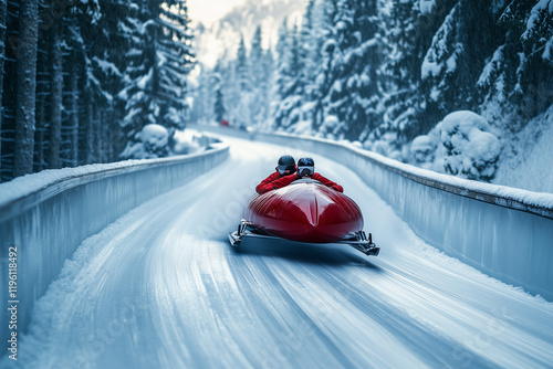 Bobsled Rushing Down a Track with Snow and Pines for a Thrilling Winter Ride photo