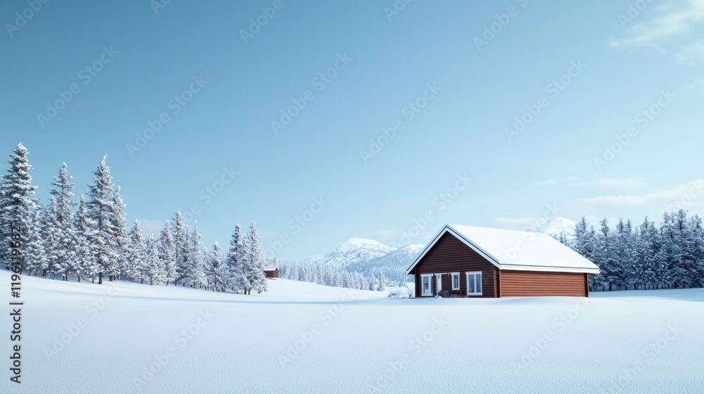 Snow-covered landscape with a rustic cabin and pine trees. Snow-covered landscape with a rustic cabin and pine trees.