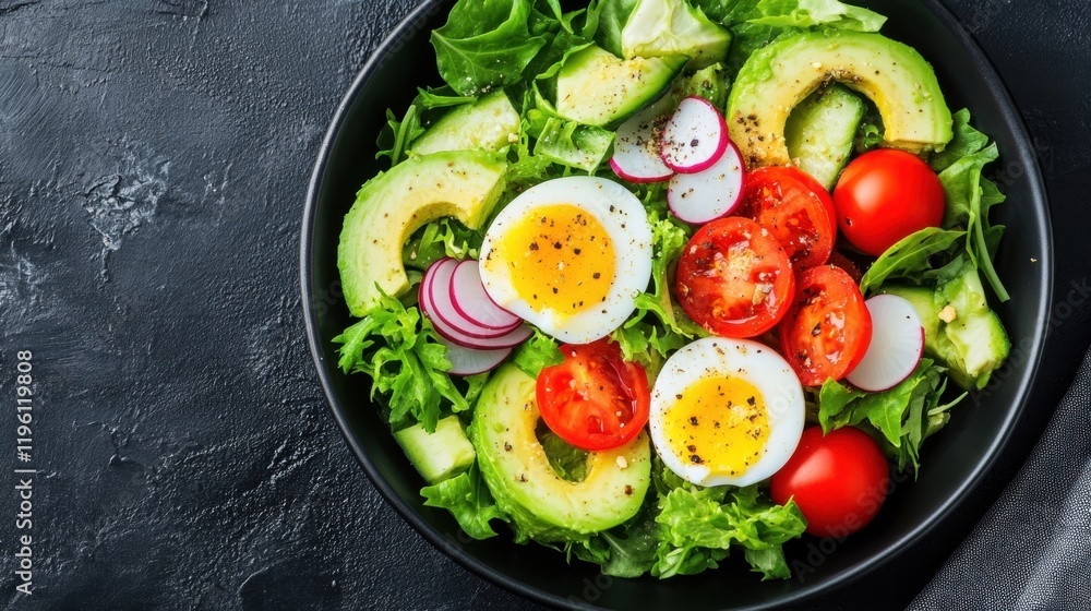 A nutritious breakfast showcases creamy avocado slices, perfectly boiled eggs, juicy tomatoes, and crisp radishes on a bed of lettuce A nutritious breakfast showcases creamy avocado slices, perfectly boiled eggs, juicy tomatoes, and crisp radishes on a bed of lettuce