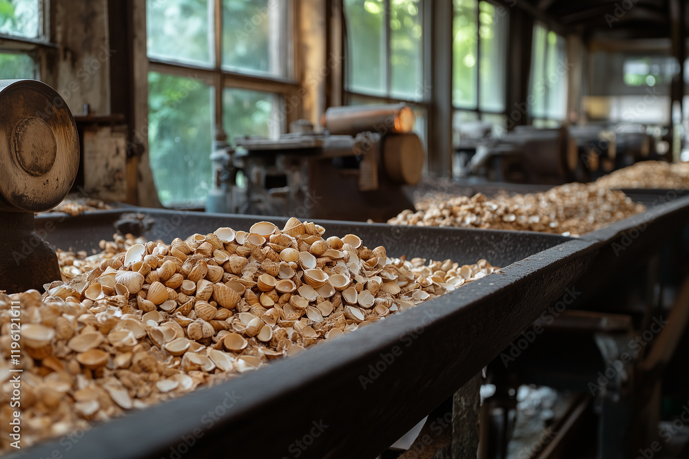 Nutshells in the factory, cracked shell fragments scattered during processing Nutshells in the factory, cracked shell fragments scattered during processing