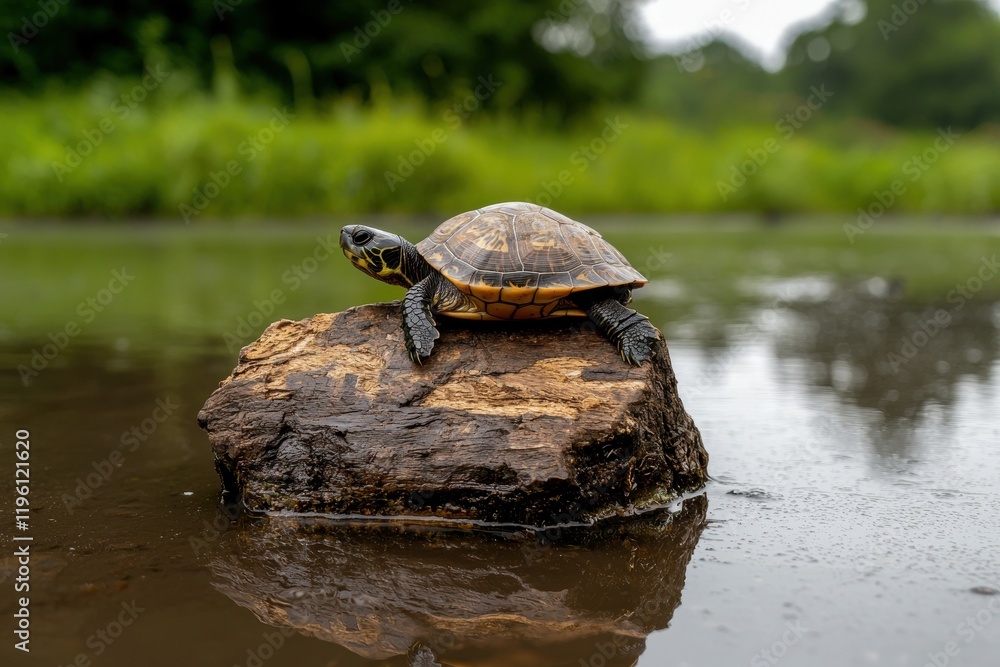 Fototapeta premium Small turtle on a rock in a pond