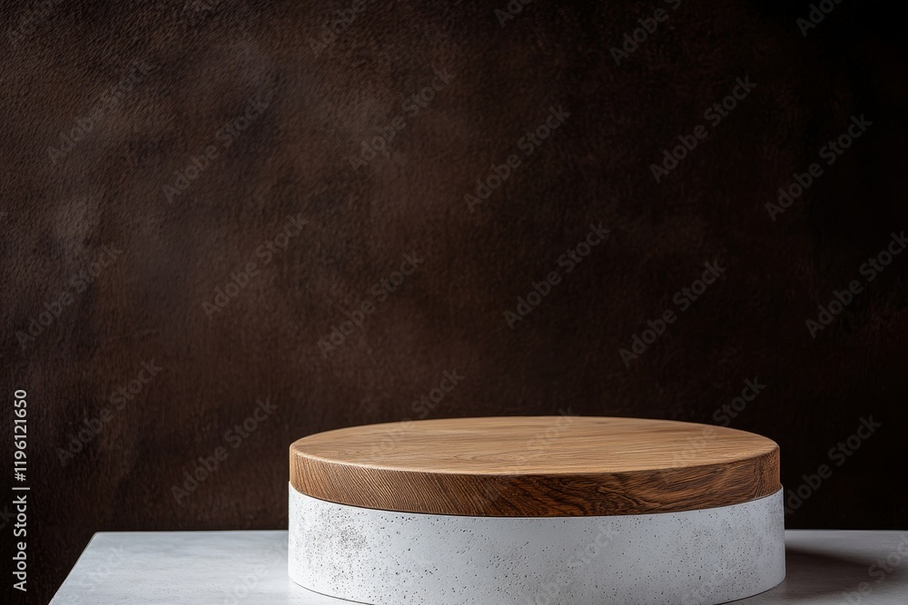 Wooden and concrete round podium on white table against dark brown background. Wooden and concrete round podium on white table against dark brown background.