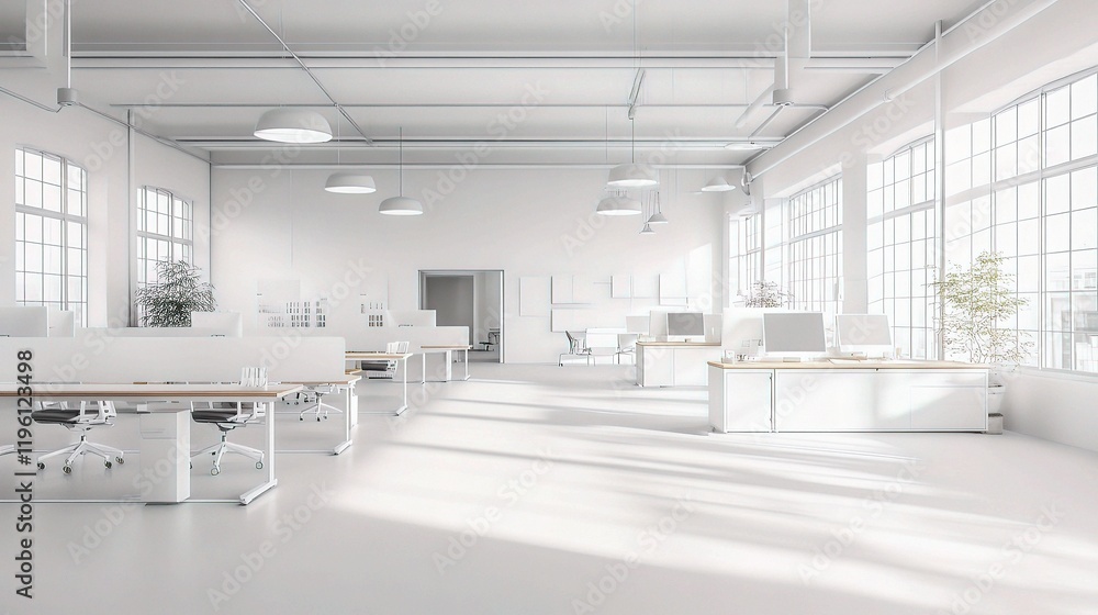 Modern Bright Office Interior with White Open Space and Natural Light Modern Bright Office Interior with White Open Space and Natural Light