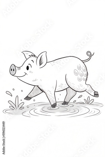 A cute pig walking through a muddy puddle, its tail wagging, outlined in black, drawn as an outline sketch, only black lines, no colors, simple and clean for a children's coloring book. photo