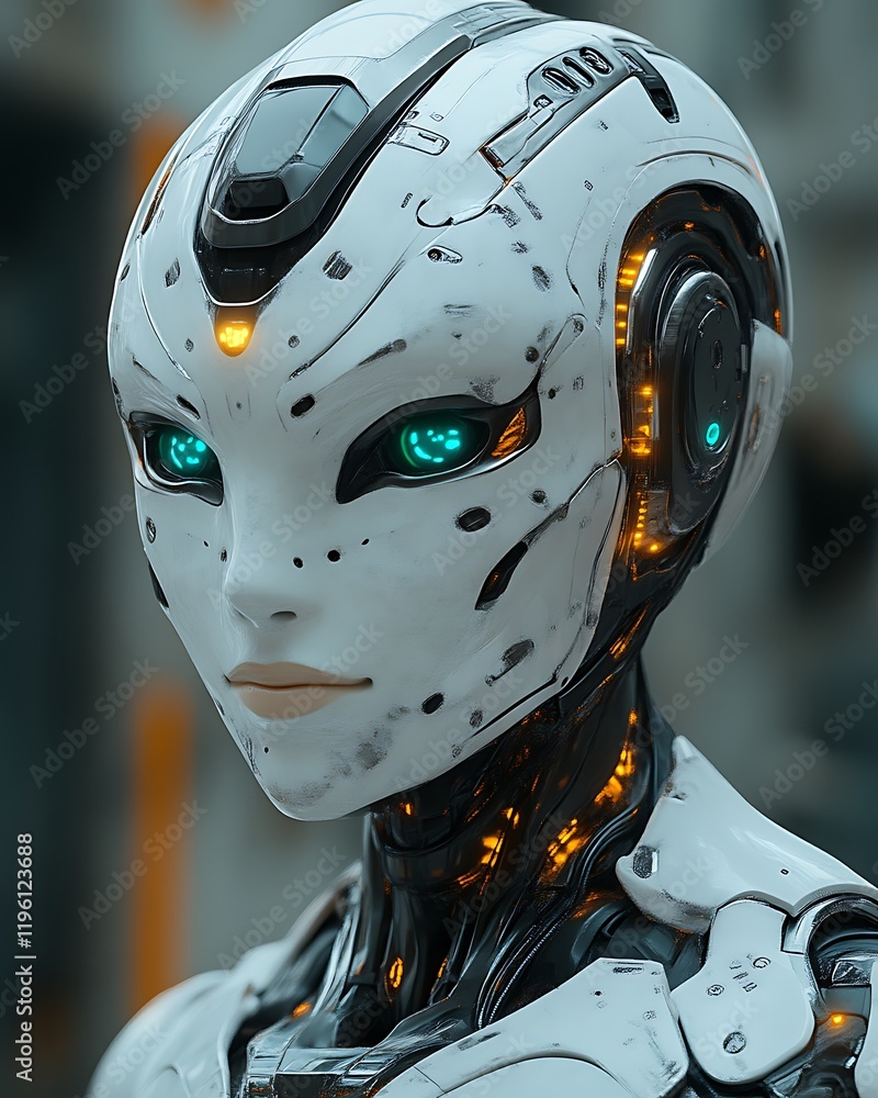 Fototapeta premium Close-up portrait of a female android with glowing eyes.