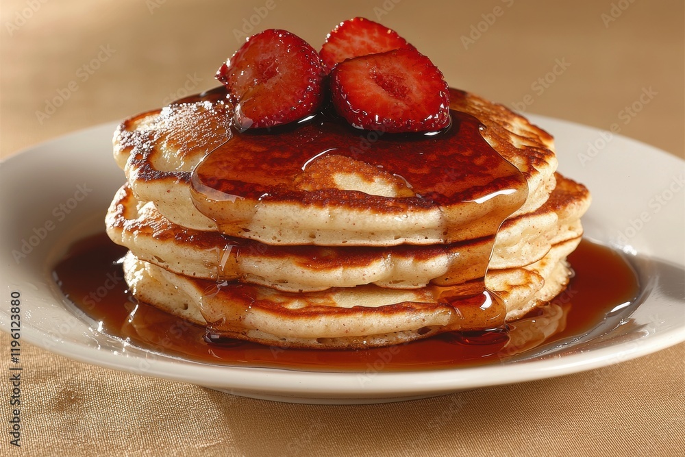 Delicious pancakes with strawberries and syrup Delicious pancakes with strawberries and syrup
