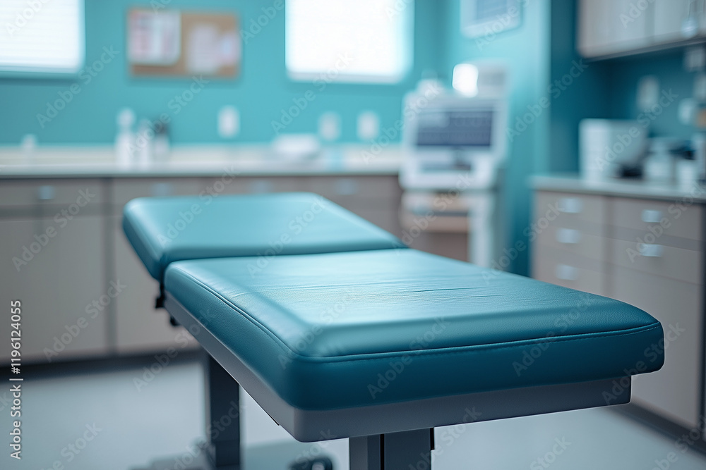 Empty Exam Table in a Medical Office with Equipment for Thorough Patient Examination Empty Exam Table in a Medical Office with Equipment for Thorough Patient Examination