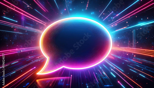 A vibrant, glowing speech bubble surrounded by colorful light rays, representing communication and digital interaction.