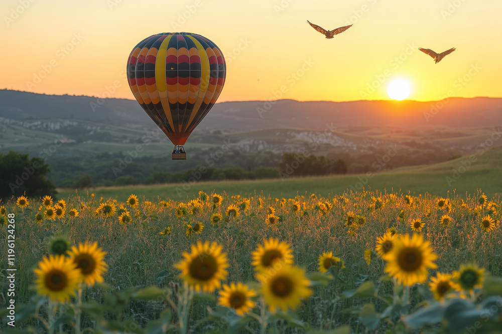 Obraz premium Hot air balloon floating over a meadow with serene views, offering a tranquil ride