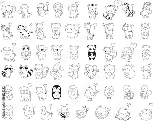Animal with heart for valentine day with love, heart, wedding, wildanimal cartoon hand drawn,doodle,line art style Cute cartoon funny character. Pet collection. Flat design Baby background.vector 