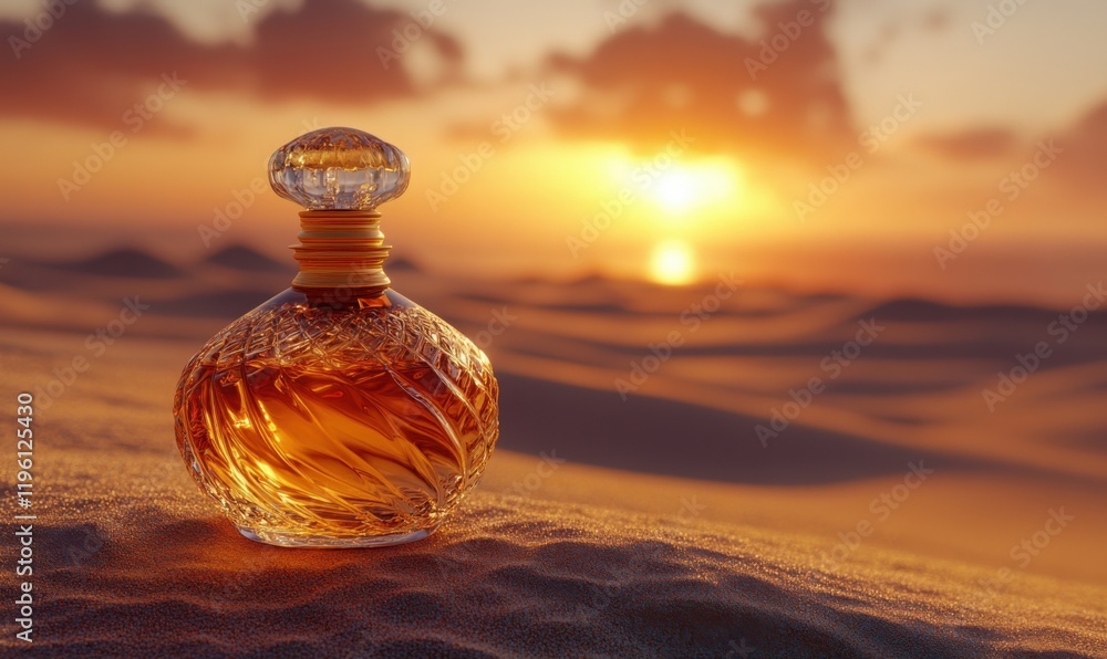 a beautiful perfume bottle made of gold and glass the bottle is half-full of a swirling liquid that is the color of the setting sun the bottle is sitting on a rock in the middle of a desert a beautiful perfume bottle made of gold and glass the bottle is half-full of a swirling liquid that is the color of the setting sun the bottle is sitting on a rock in the middle of a desert