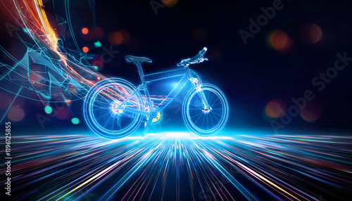 A futuristic digital representation of a bicycle, illuminated with vibrant neon lights against a dark background, suggesting speed and technology. photo