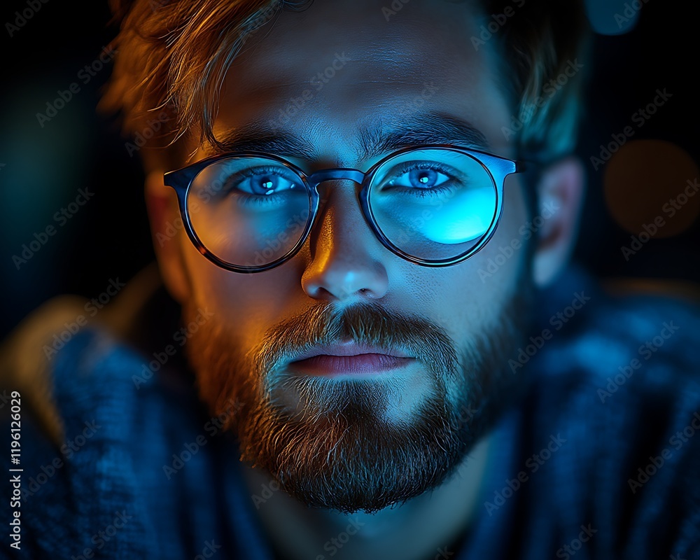 Close-up portrait of a young man with glasses and beard, illuminated by blue light. Close-up portrait of a young man with glasses and beard, illuminated by blue light.