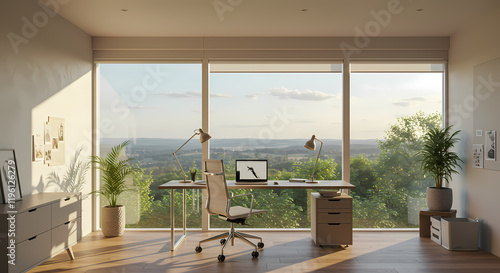 Modern Home Office with Panoramic View Desk Chair Plants Sunlight