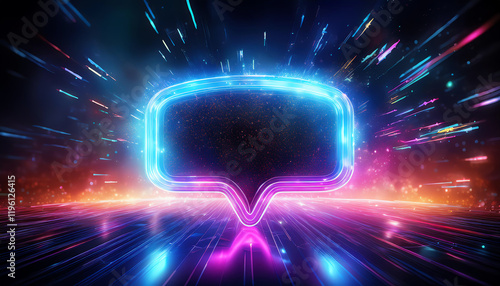 A vibrant, futuristic speech bubble glows with neon colors, surrounded by dynamic light trails, symbolizing communication and digital expression.