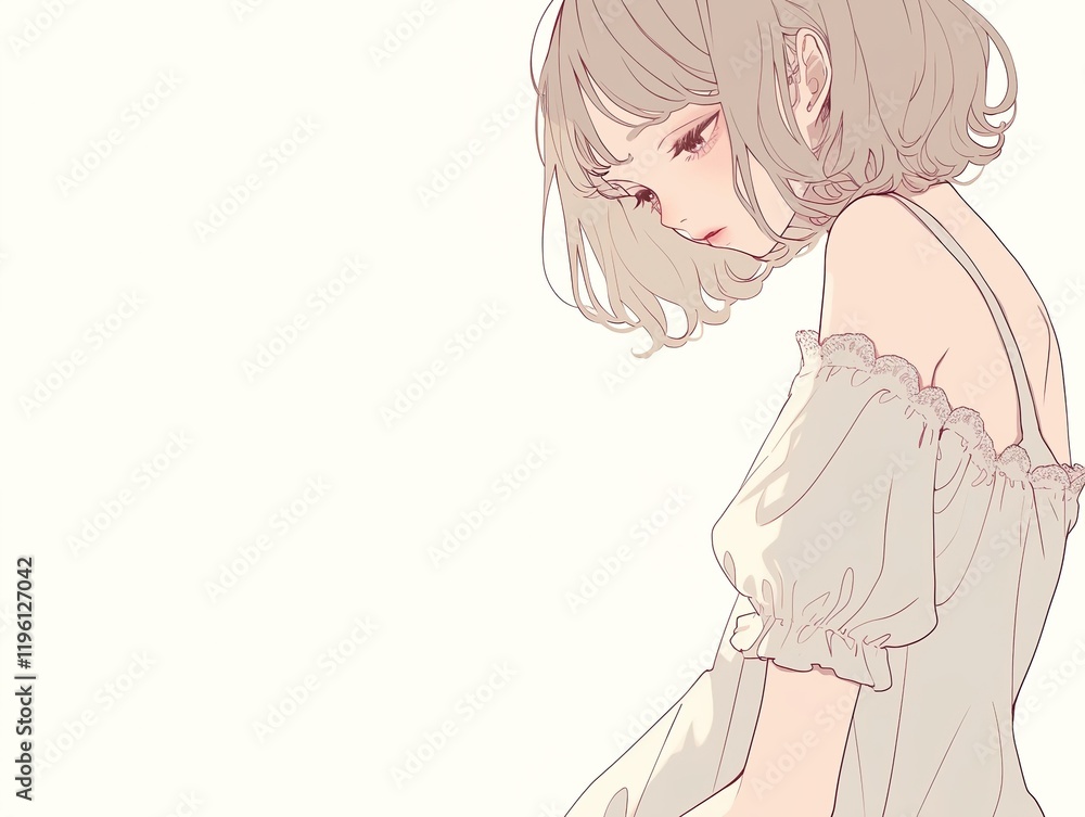 Rosy reflection: a digital portrait of a young woman with short, light hair, her gaze softly focused downward, set against a warm, muted background. Rosy reflection: a digital portrait of a young woman with short, light hair, her gaze softly focused downward, set against a warm, muted background.