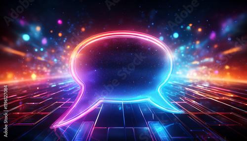 A vibrant neon speech bubble against a glowing digital backdrop, symbolizing communication and technology.