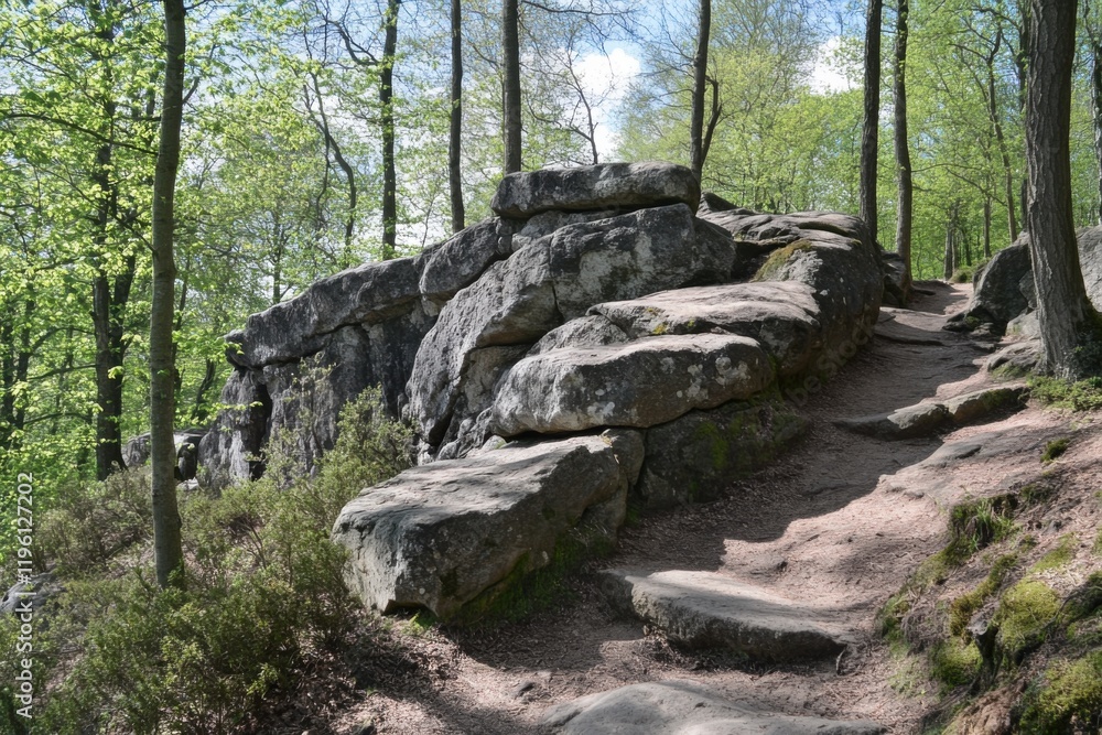 A rocky outcrop in the woods: a sunny day in May A rocky outcrop in the woods: a sunny day in May