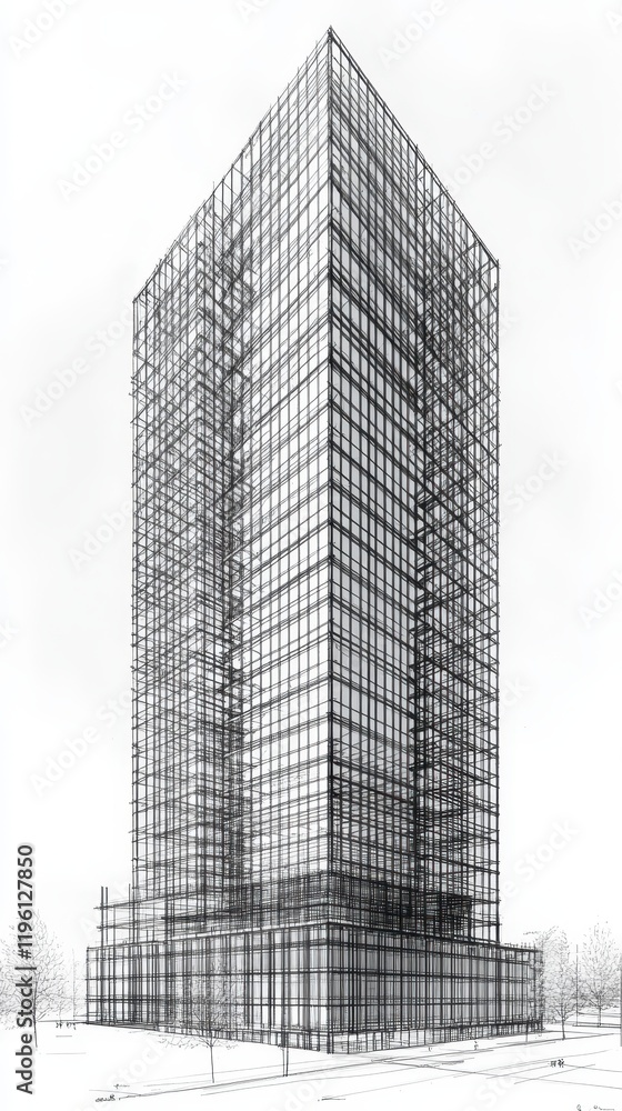Fototapeta premium Architectural Sketch of a Modern Skyscraper Design in Graphite Pencil