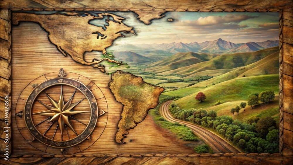 Fototapeta premium A wooden antique map with a circular compass rose in the center, surrounded by old-style country roads and hills , compass rose, natural scenery