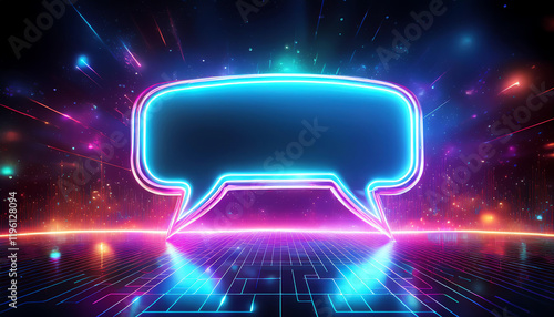 A vibrant neon chat bubble against a colorful digital background, symbolizing communication and interaction in a modern context.