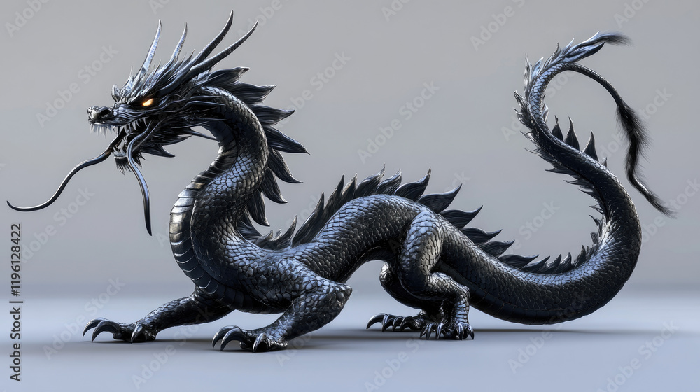 Obraz premium a black Japanese dragon, whole body on show, fierce look