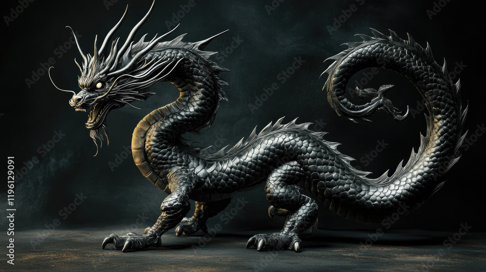 Obraz premium a black Japanese dragon, whole body on show, fierce look
