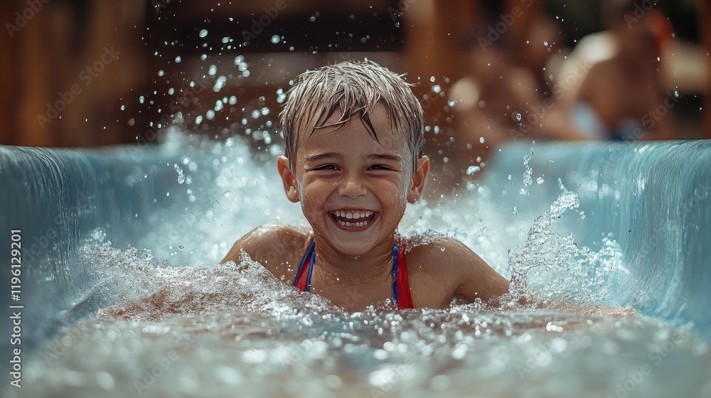 Fototapeta premium A young boy is having fun at a water park he is smiling and laughing while sliding down a water slide the water is splashing around 