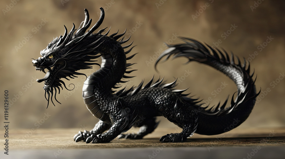 a black Japanese dragon, whole body on show, fierce look a black Japanese dragon, whole body on show, fierce look