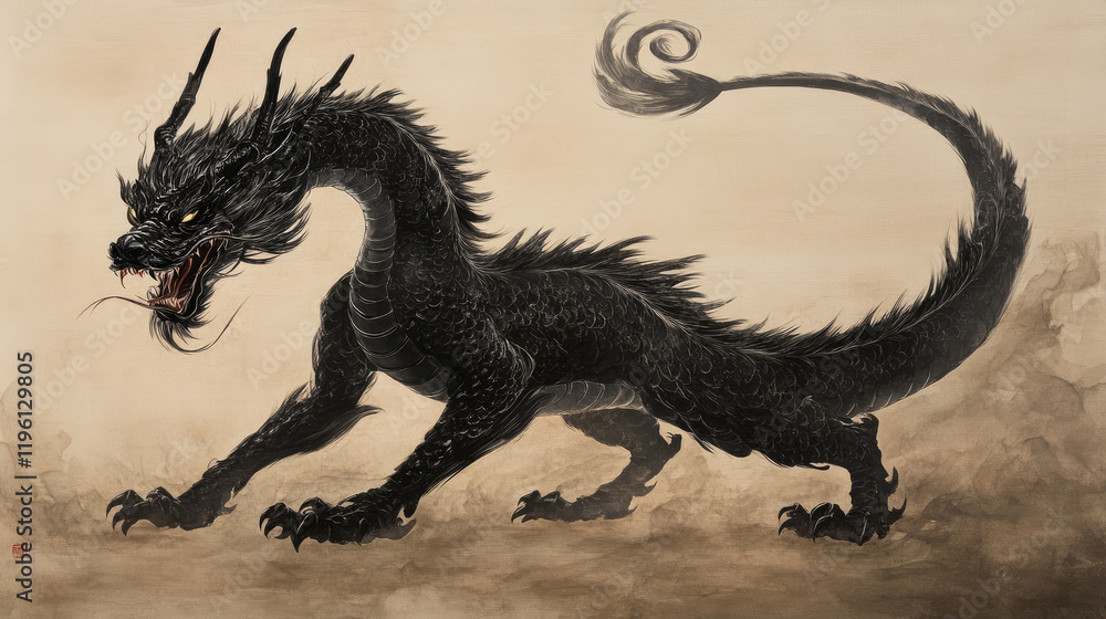 a black Japanese dragon, whole body on show, fierce look a black Japanese dragon, whole body on show, fierce look