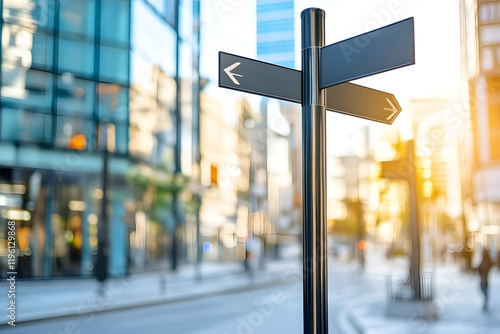 Close up of empty directional signs on sleek pole in modern city