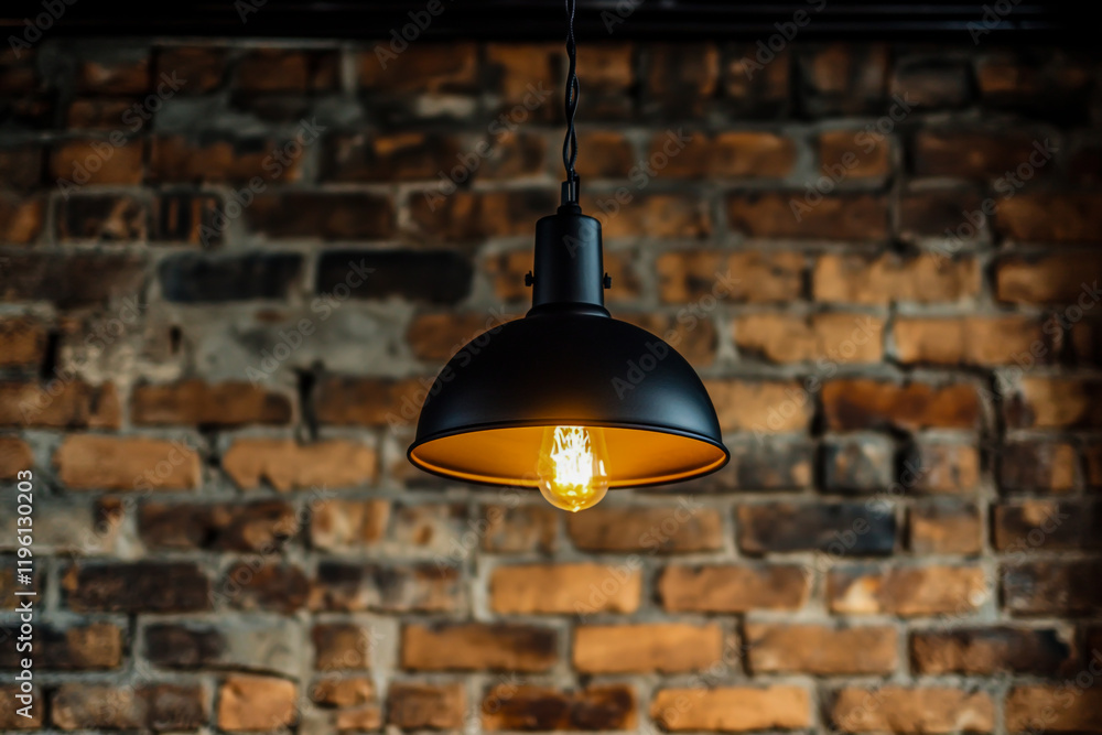 Obraz premium An industrial-style black metal lamp hangs from the ceiling, casting light from a single exposed bulb against a rustic brick wall backdrop.