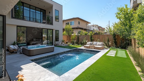 Luxury Backyard Oasis: Modern Home with Pool, Hot Tub, and Lush Landscaping