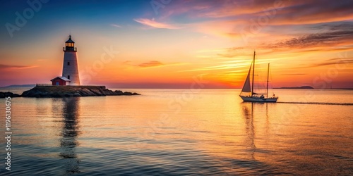 Wallpaper Mural A serene coastal landscape with a sailboat and a lighthouse in the distance at sunset, ocean, calm,  ocean, calm Torontodigital.ca