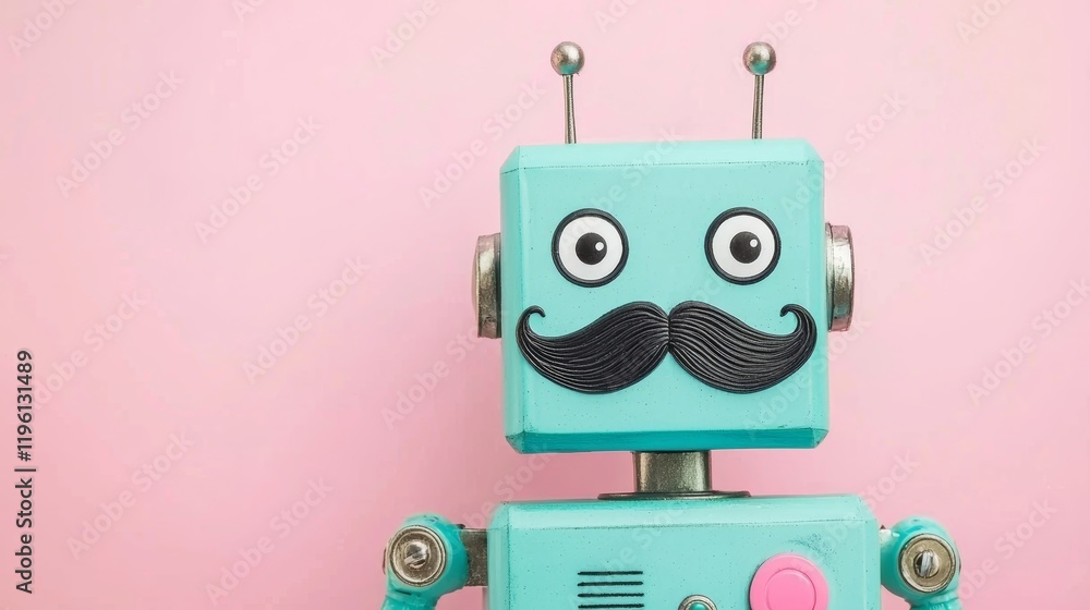Fototapeta premium Quirky Toy Robot with Curly Mustache and Big Eyes Against a Pink Background