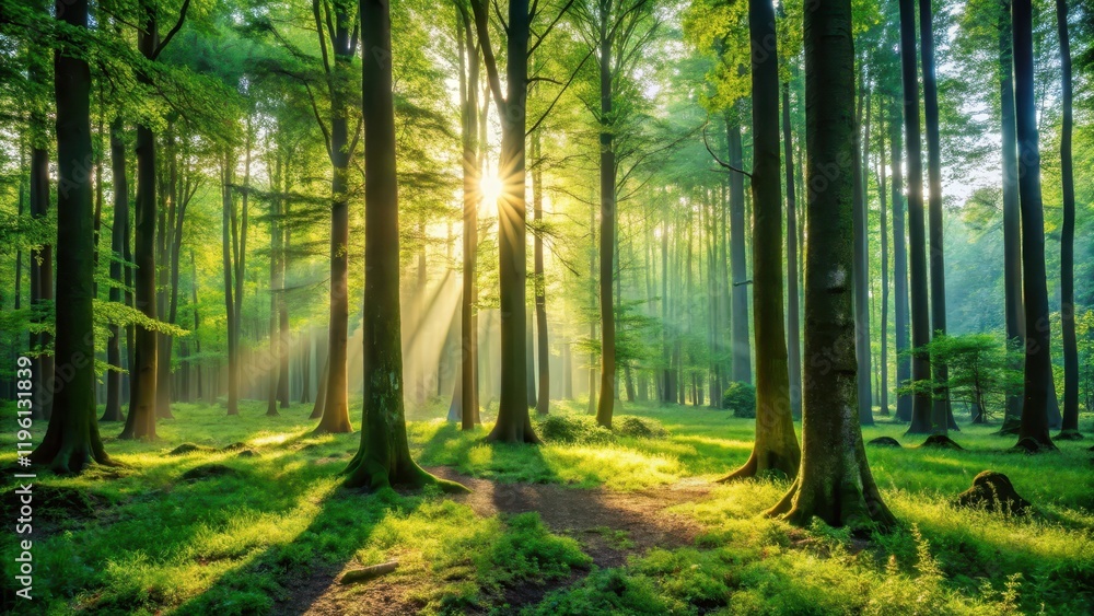 Fototapeta premium A serene forest scene with tall trees and lush greenery illuminated by bright sunlight filtering through the canopy, casting dappled shadows on the forest floor , foliage, sunlight