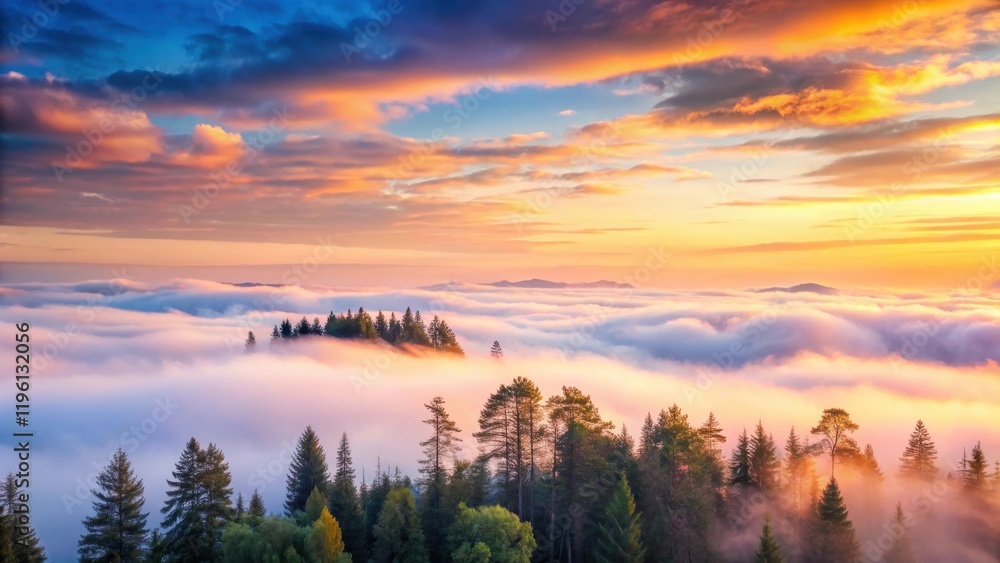 Fototapeta premium Soft pink and orange hues illuminate a serene landscape with towering trees and a vast expanse of fluffy white clouds against a light blue sky at dawn, nature, soft light