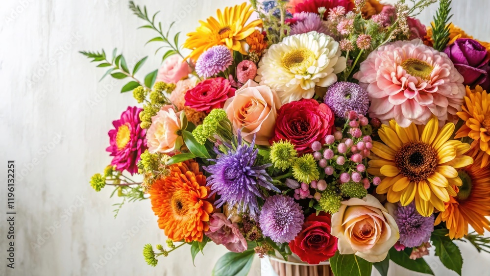 Freshly picked flowers arranged in a beautiful bouquet with a mix of colors and textures, set against a soft white background, spring, floral design Freshly picked flowers arranged in a beautiful bouquet with a mix of colors and textures, set against a soft white background, spring, floral design