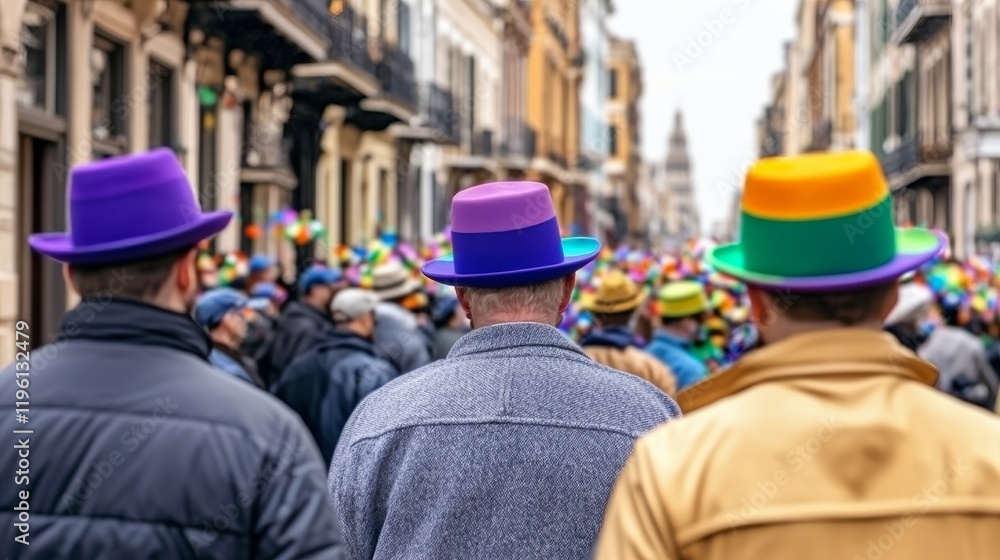 Vibrant Crowd Celebrating Mardi Gras with Colorful Hats and Confetti Vibrant Crowd Celebrating Mardi Gras with Colorful Hats and Confetti