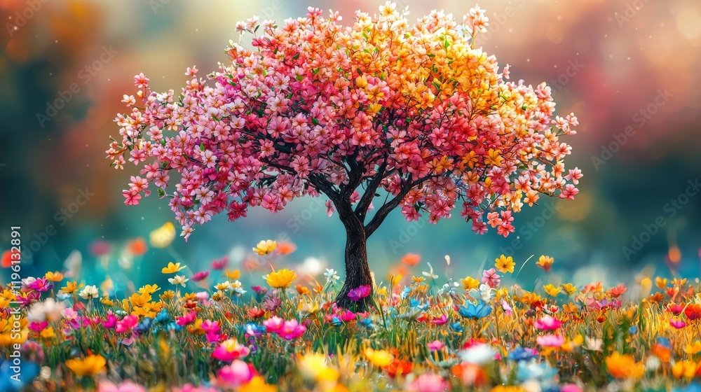 Fototapeta premium Vibrant Blossoming Tree Surrounded by Colorful Flowers in a Serene Spring Landscape